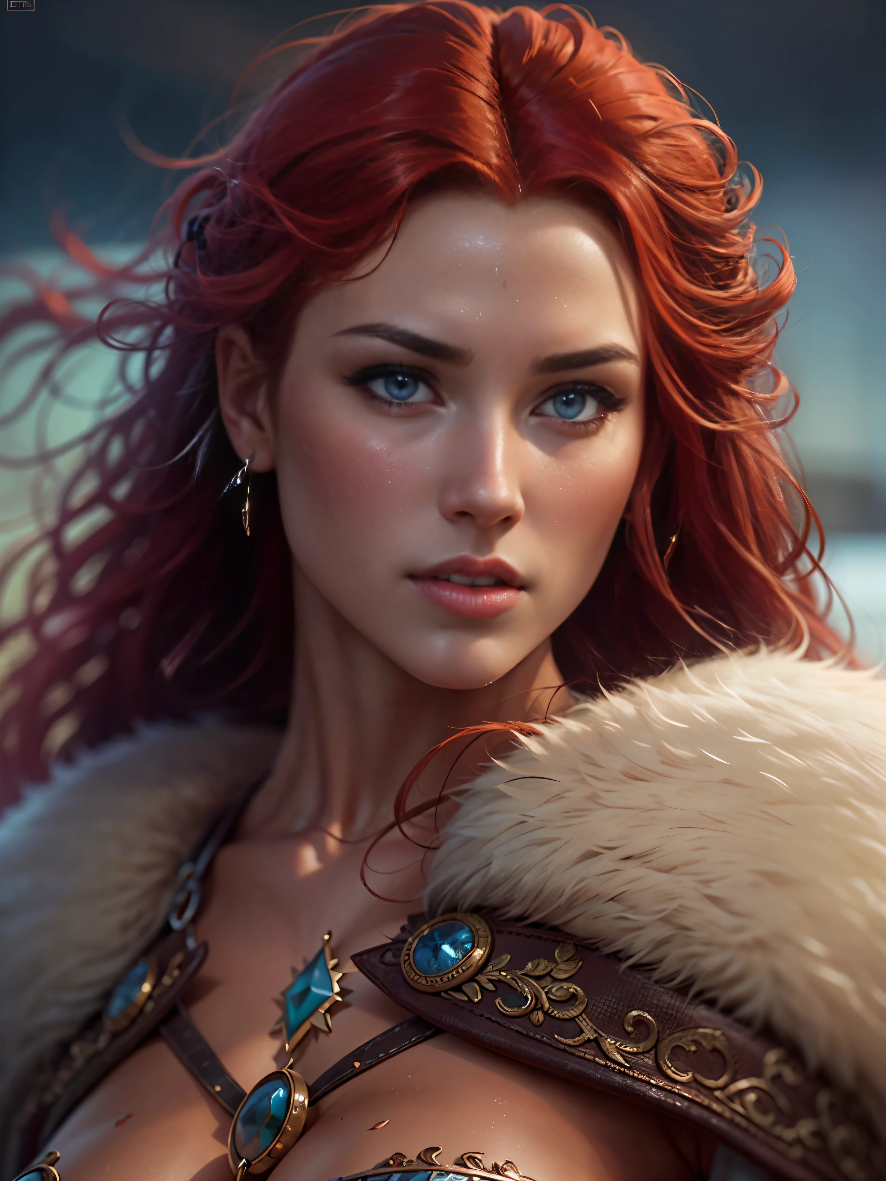 masterpiece, best quality, brilliant details, cinematic lighting, exciting perspective, young pretty woman, beautiful face, perfect eyes, big firm breasts, perfect proportions, Nordic type, flawless skin, textured skin, topless, cameltoe, cinematic pose, red hair, Viking warrior woman, Arctic coast