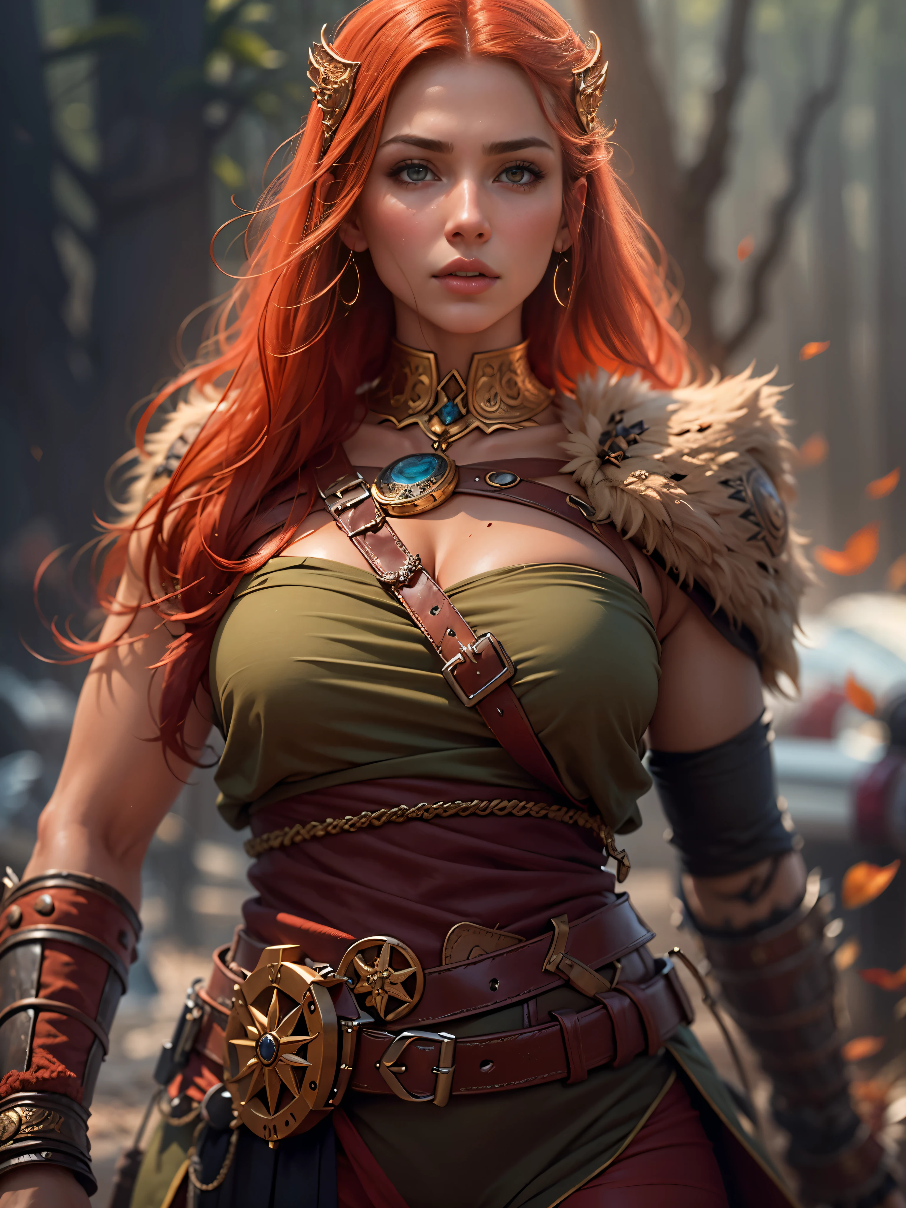 masterpiece, best quality, brilliant details, cinematic lighting, exciting perspective, young pretty woman, beautiful face, perfect eyes, big firm breasts, perfect proportions, Nordic type, flawless skin, textured skin, topless, cameltoe, cinematic pose, red hair, Viking warrior woman, Nordic forest
