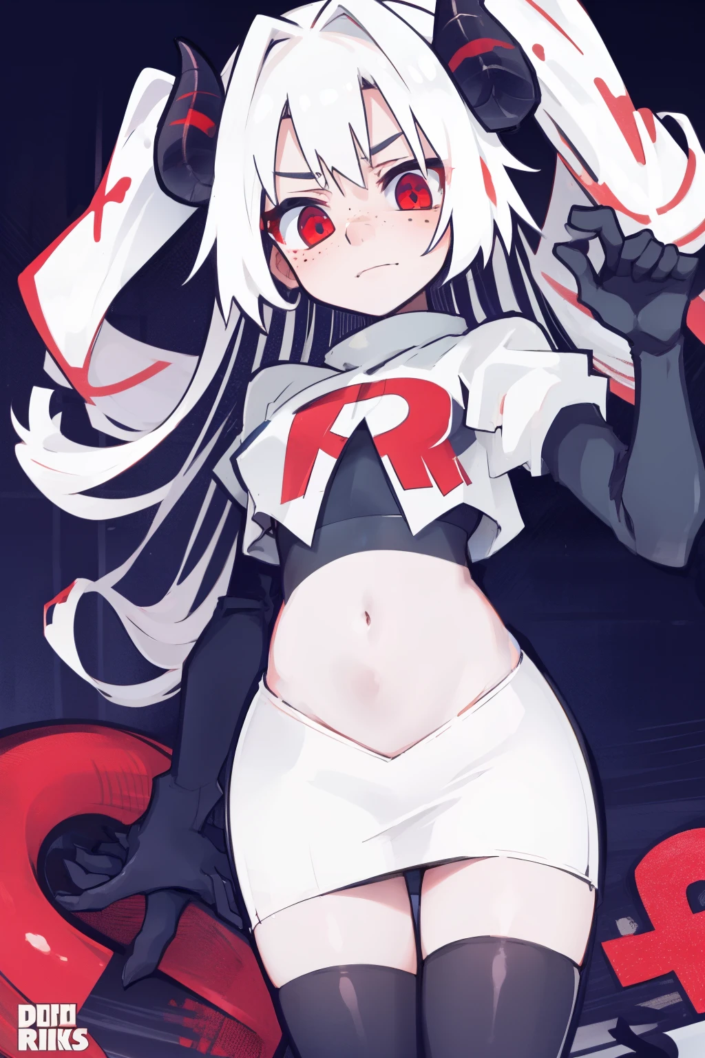 masterpiece, best quality, red eyes, white hair, twintails,ahoge,freckles,black hair ribbons,demon horns, demon tail,team rocket,team rocket uniform,white skirt,red letter R,crop top,black thigh-highs,black elbow gloves, comic strip