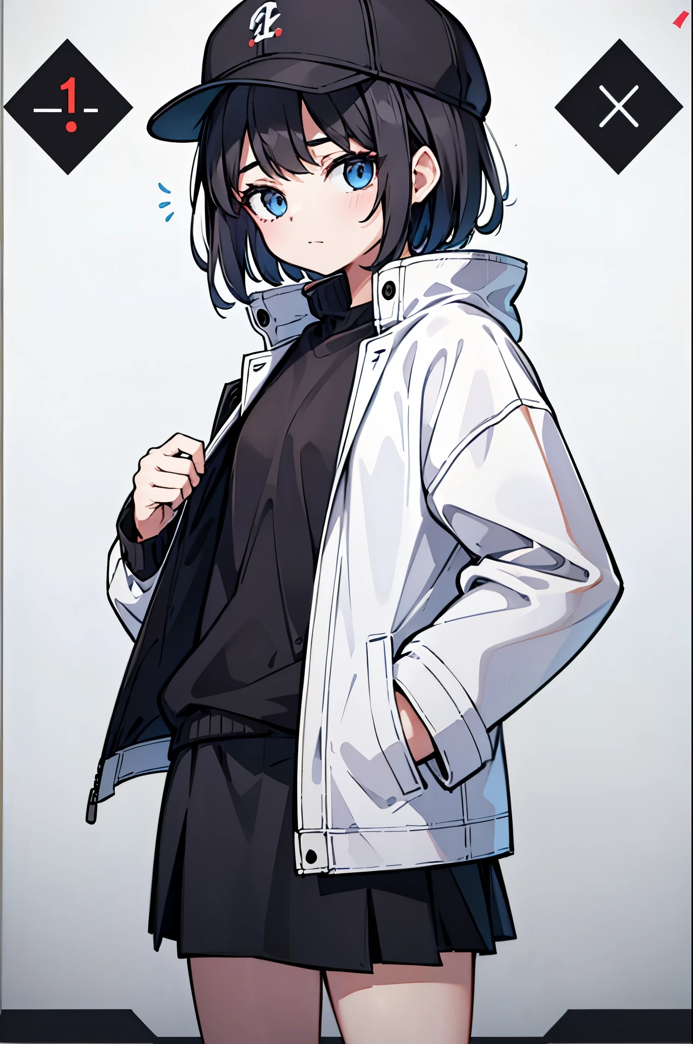 (((masterpiece, illustration, best quality))), 1girl, solo, blue eyes, looking at viewe, ((short hair)), ((black hair)), standing, ((baseball hat)), white headwear, upper body, black jacket, Closed sweater, ((Scenenary:white background)), black socks, ((black shirt)), perfect body, fit body, (closed mouth), ****, (hands in pockets), waterproof jacket, skirt white