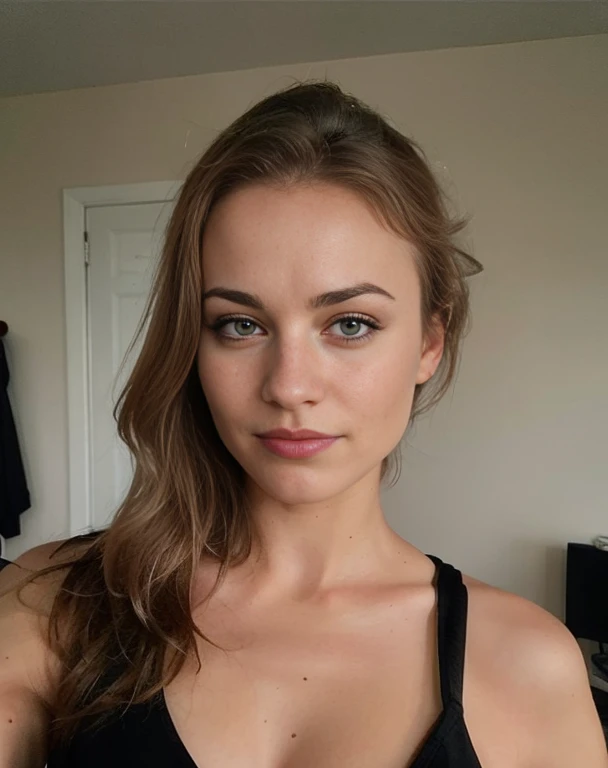 Arafed woman with black clothes, fille sexy aux yeux bruns, Portrait Sophie Mudd, cheveux bruns et grands yeux, selfie of a young woman, Yeux de chambre, Violet Myers, sans maquillage, maquillage naturel, looking straight at camera, Visage avec Artgram, Maquillage subtil, Superbe photo du corps entier, dans la chambre, clivage generate 4 images