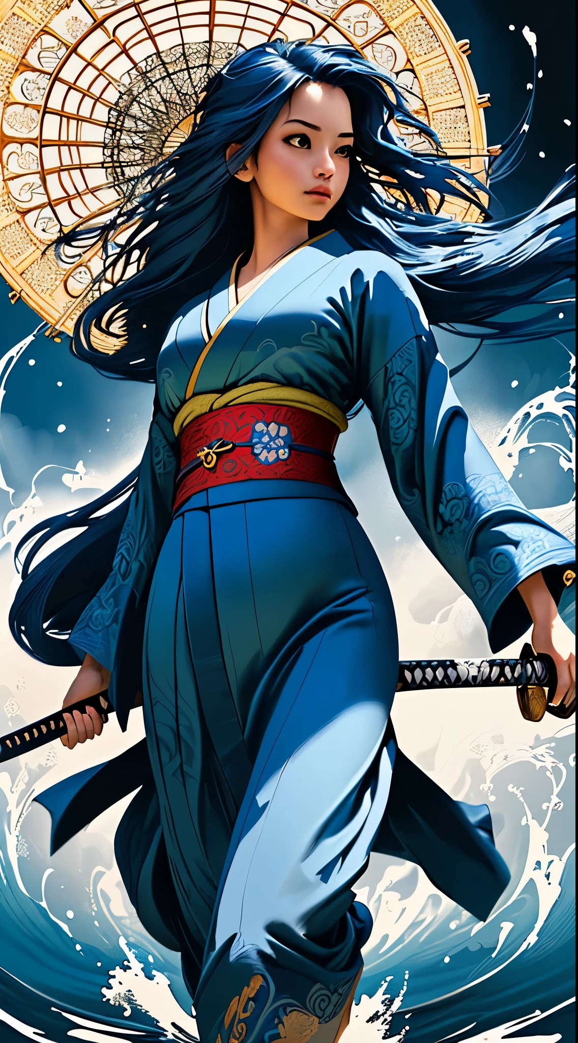 (best quality, masterpiece, beautiful and aesthetic:1.2, colorful, dynamic angle) full body photo epic realistic, (close up), 1girl, floating blue_hair, long hair, (water:0.7), waterdrop, wet, holding_katana, blue_kimono with intricate pattern, ultra detailed, (textured_clothing), black_background,, high contrast colors, 35mm, bokeh, 9:16, (intricate details, hyperdetailed:1.15), detailed, sunlight passing through hair (high contrast, official art, extreme detailed, highest detailed),