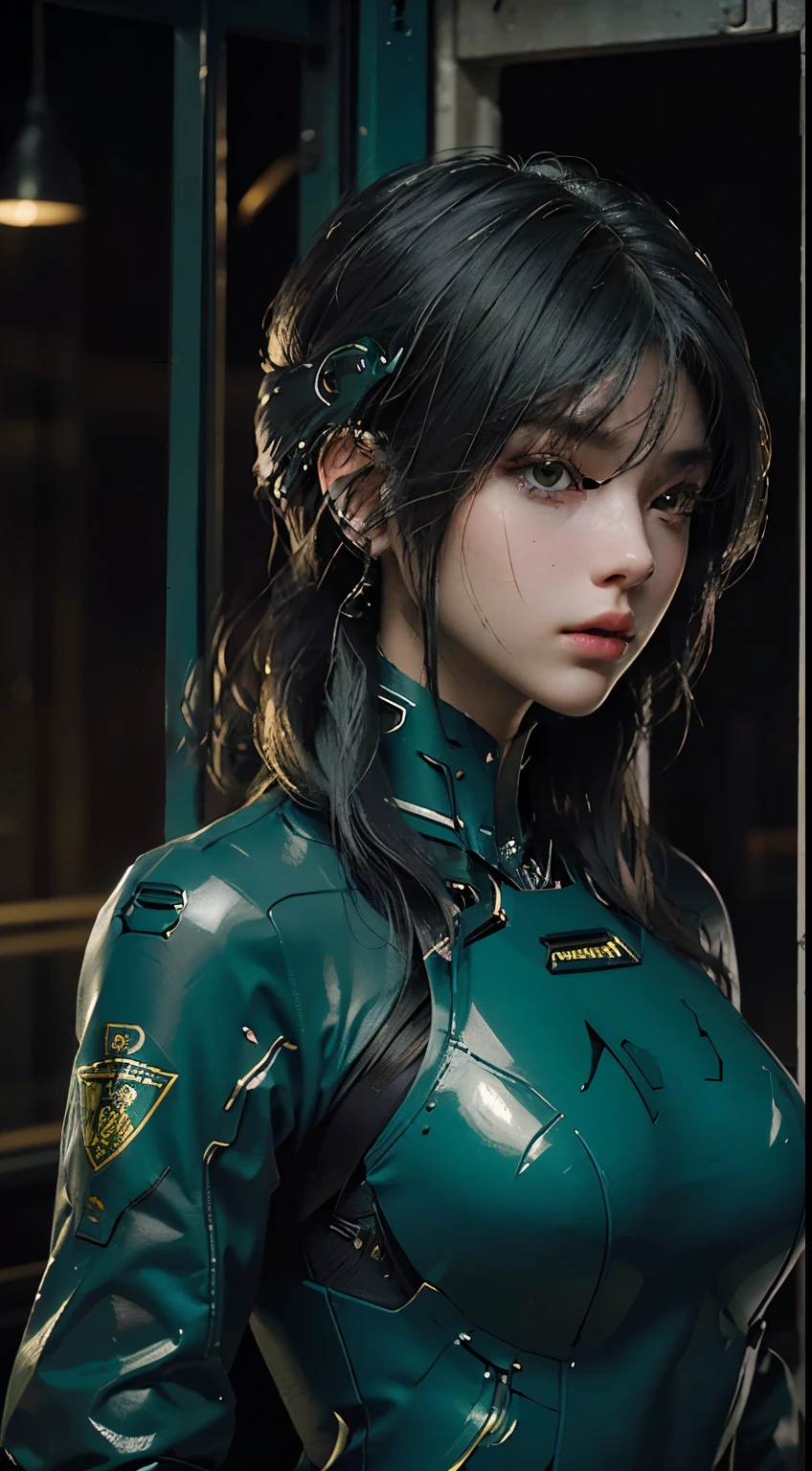 Best image quality, Great details, Ultra-high resolution, (reality: 1.4), Best illustrations, Offer details, One concentrated girl, has a delicate and beautiful face, Wearing a black and green mech, Wearing a mecha helmet, Preserve Orientation, Riding on motorcycle, Background futuristic city high tech lighting scene.Transformation Belt、During the fight, her clothes were torn and her underwear was visible.