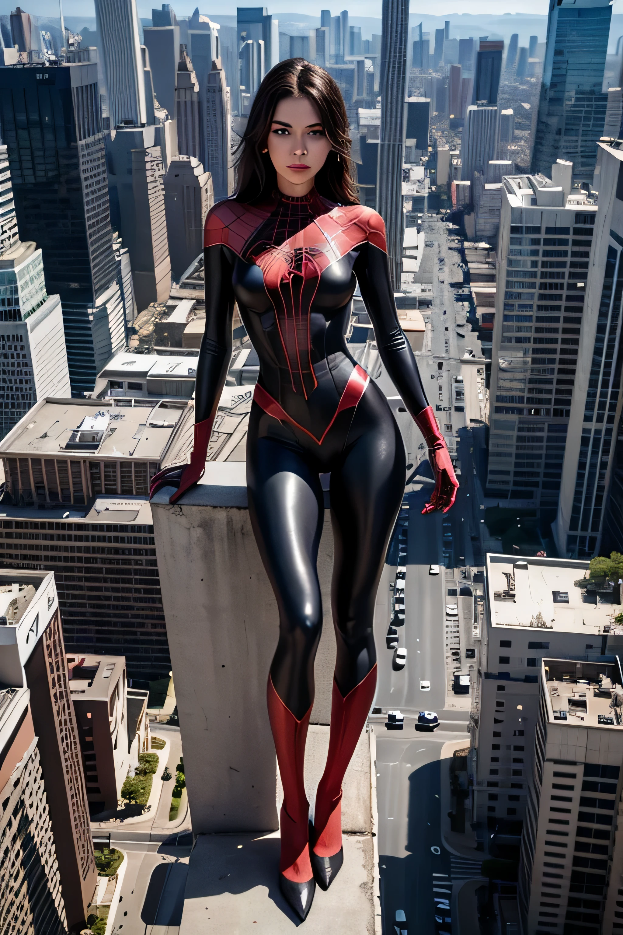 Photo of a slender female Spiderwoman perched high atop a building, viewed from above, with an intricate background.
looking to the viewer