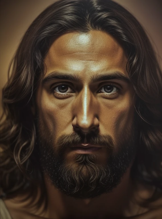 JESUS CRISTO, colorir foto, foto em tons escuros: Ultra-realistic epic, Soft cinematic portrait, hiperdetalhado, luzes quentes, dramatic light, fundo complexo e escuro. Ultra-realistic skin with expression marks, olhos castanhos esverdeados, cabelo e barba ultrarrealista, 8k, papel de parede, fotorrealista, semblante de Jesus Cristo, foto de Jesus.