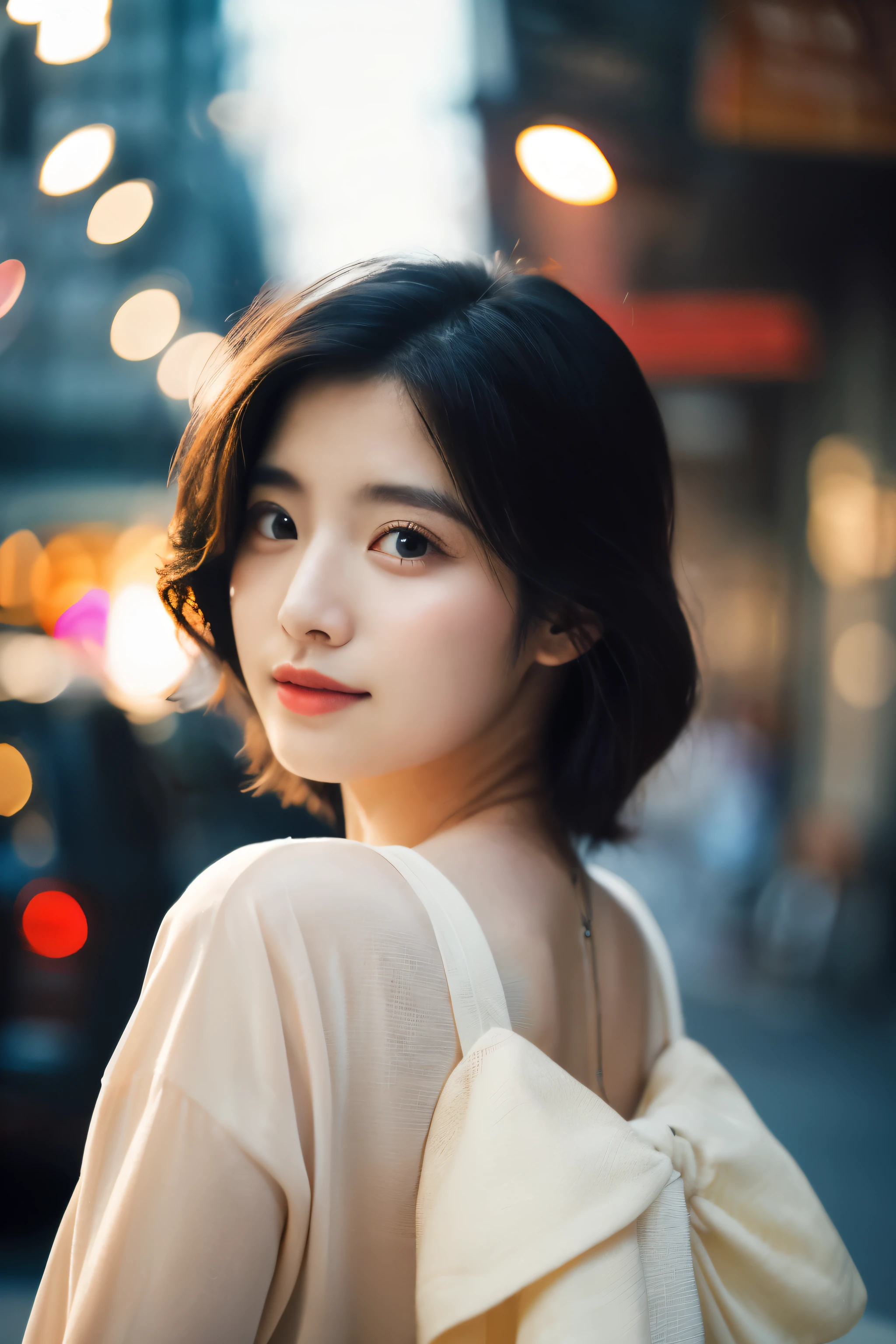 Cinematic Photo of a beautiful korean fashion model bokeh train, long eyelashes 