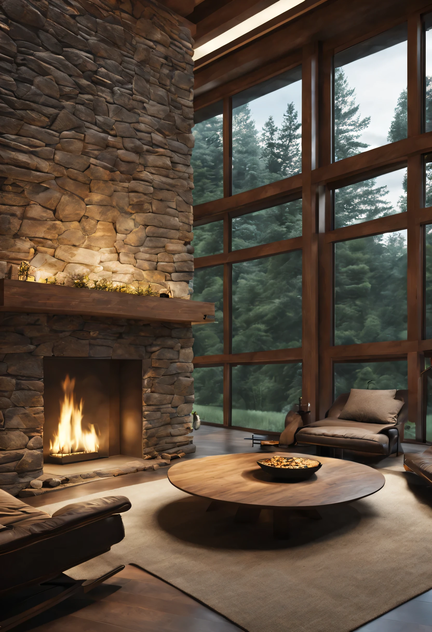 Ultra-realistic image of the living room of a rustic stone house, designed with modern elegance, apresentando um centro, lareira de pedra crepitante. The room is softly lit by subtle lighting that accentuates the textures of the materials. Large floor-to-ceiling windows serve as a backdrop, revelando uma densa, quiet forest at night, integrando perfeitamente a serenidade selvagem da natureza com o conforto caloroso do interior --ar 16:9 --estilizar 0