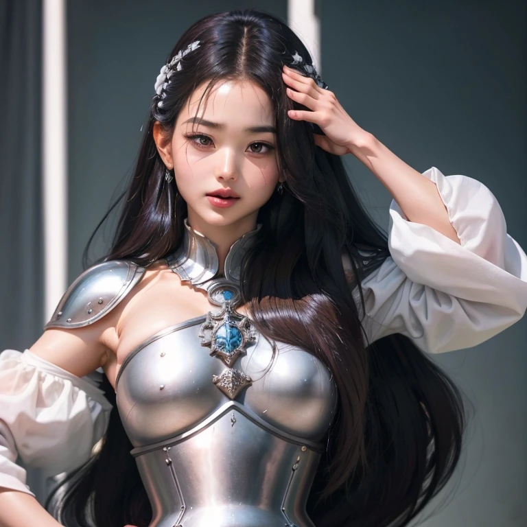 An 18 years old little princess wearing an armor made out of water, her hair is jet-black, she has a fierce expression on her beautiful face and her slightly matured body is perfectly proportioned.