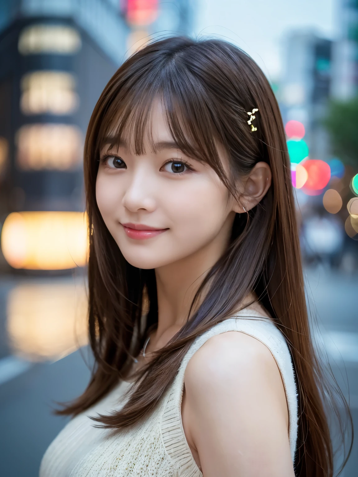 masterpiece、1 beautiful girl、A detailed eye、Puffy eyes、top-quality, 超A high resolution, (Realisticity: 1.4), cinematlic lighting、japanes、Asian Beauty、Super beauty、Beautiful skin、A slender、The body facing forward、(A hyper-realistic)、(hight resolution)、(8K)、(ighly detailed)、(beautifully detailed eyes)、(ultra-detailliert)、 (wall-)、A detailed face、Bright lighting、profetional lighting、looking at viewert、Facing straight ahead、(The costume a knitted dress)、Long hair, hair messy, asymmetrical bangs, 、nighttime scene、Brown hair、Japan idle、韓国アイドル、hposing Gravure Idol、、age21、tall, smile,