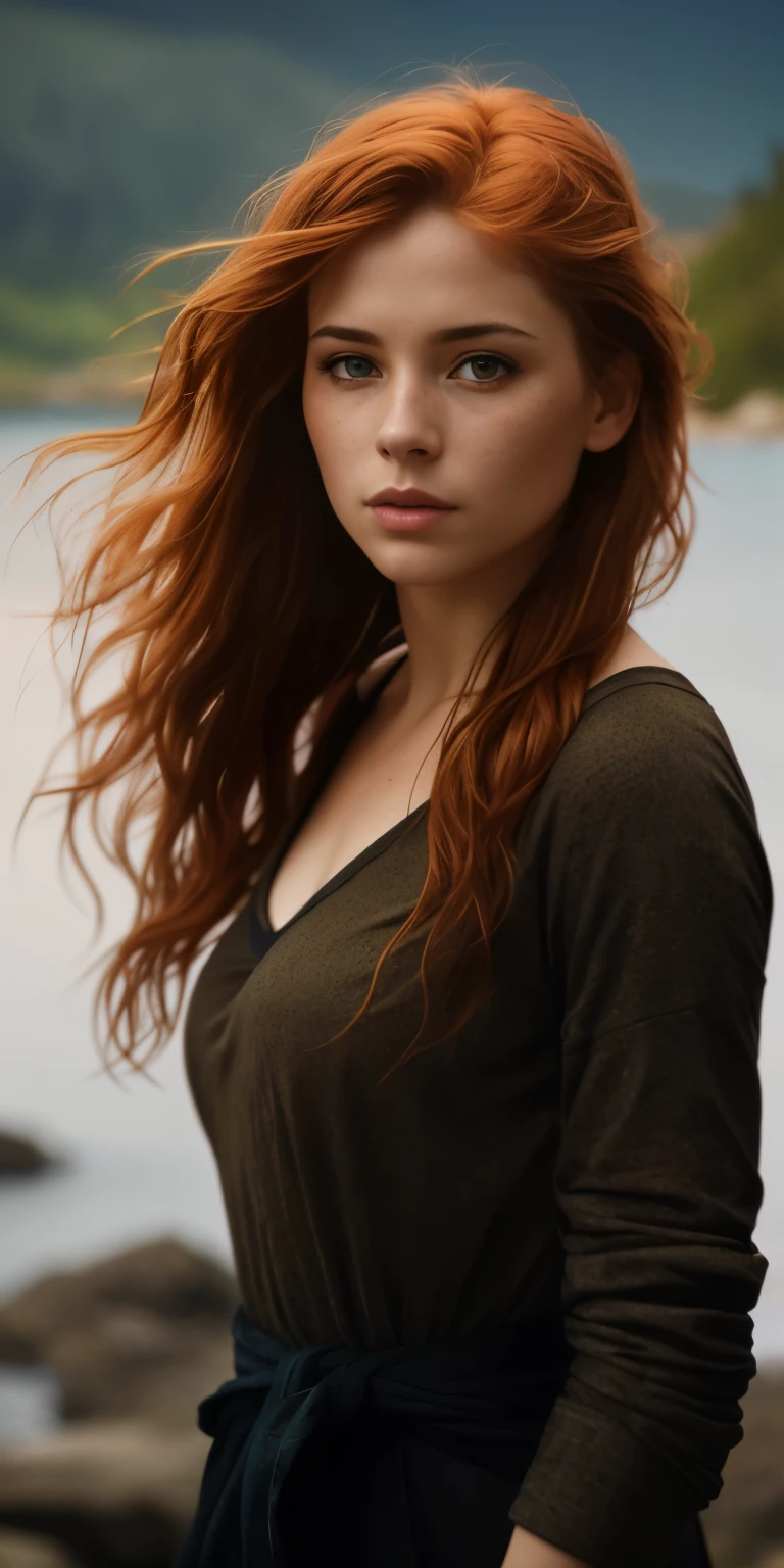 beautiful Caucasian redheaded woman of 26 years, some small freckles, dressed in a tattered nightie, straps dropped, unhooked, shyness, seduction, romanticism, open mouth, loving look, on an overhang rock, lake in the background, sunset, photorealistic, photo, masterpiece, realistic, realism, photorealism, high contrast, trendy photorealistic digital art on Artstation 8k HD realistic high definition detailed, detailed, skin texture, hyper detailed, realistic skin texture, best quality, ultra high resolution, (photorealistic: 1.4),, high resolution, detailed, raw photo, sharp re, by Lee Jeffries Nikon D850 film Stock Photography 4 Kodak Portra 400 camera F1.6 rich lens colors texture hyper realistic dramatic lighting Unrealengine trending in ArtStation Cinestill 800, no text