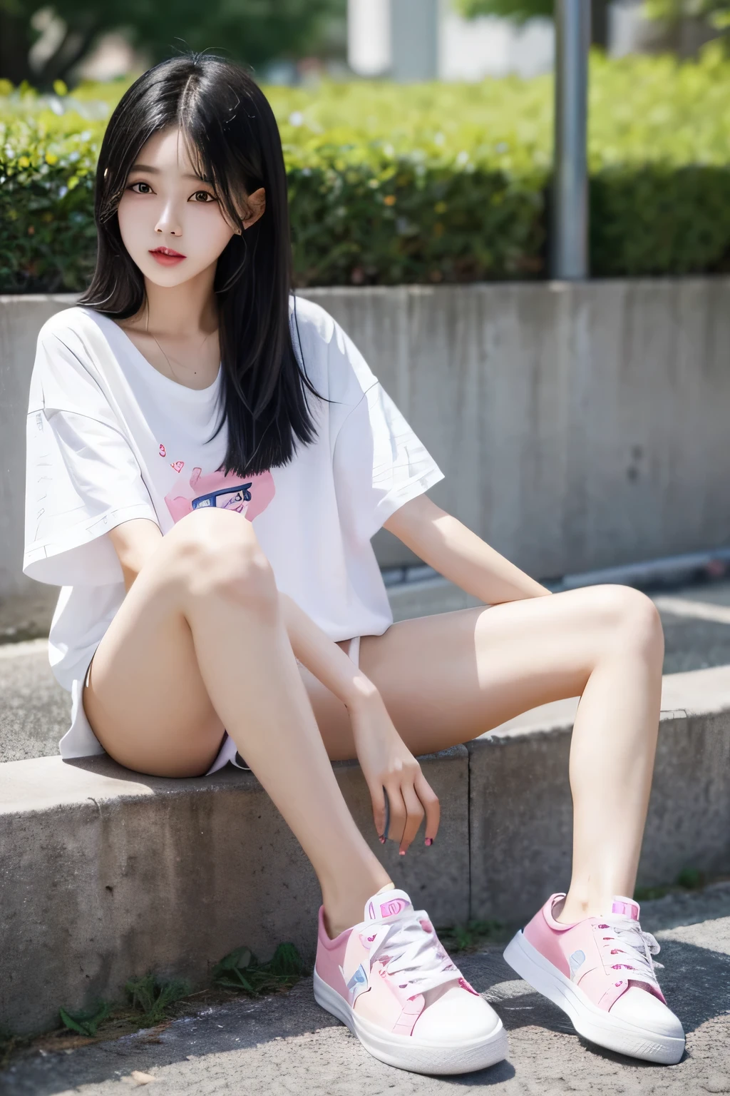 Slender 。black hair,pour down,Cut neatly at the top of the neck。Eyes are extraordinarily big,Wearing a white T-shirt、light jeans、pink sneakers。