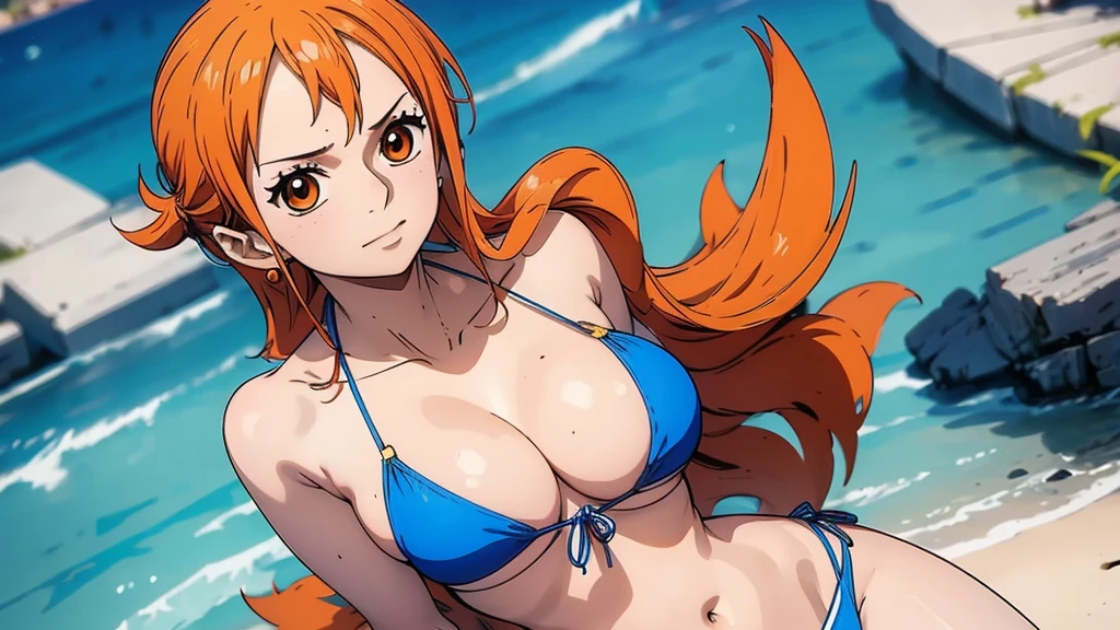 Nami wears a bikini top and a super red miniskirt, decote , seios , uma obra-prima , Retrato bonito , arte de anime digital detalhada , Muito detalhes Artgerm haha, deviantart artstation cgsscosiety , fanart melhor artstation, Artgerm. alto detalhamento, seios grandes,