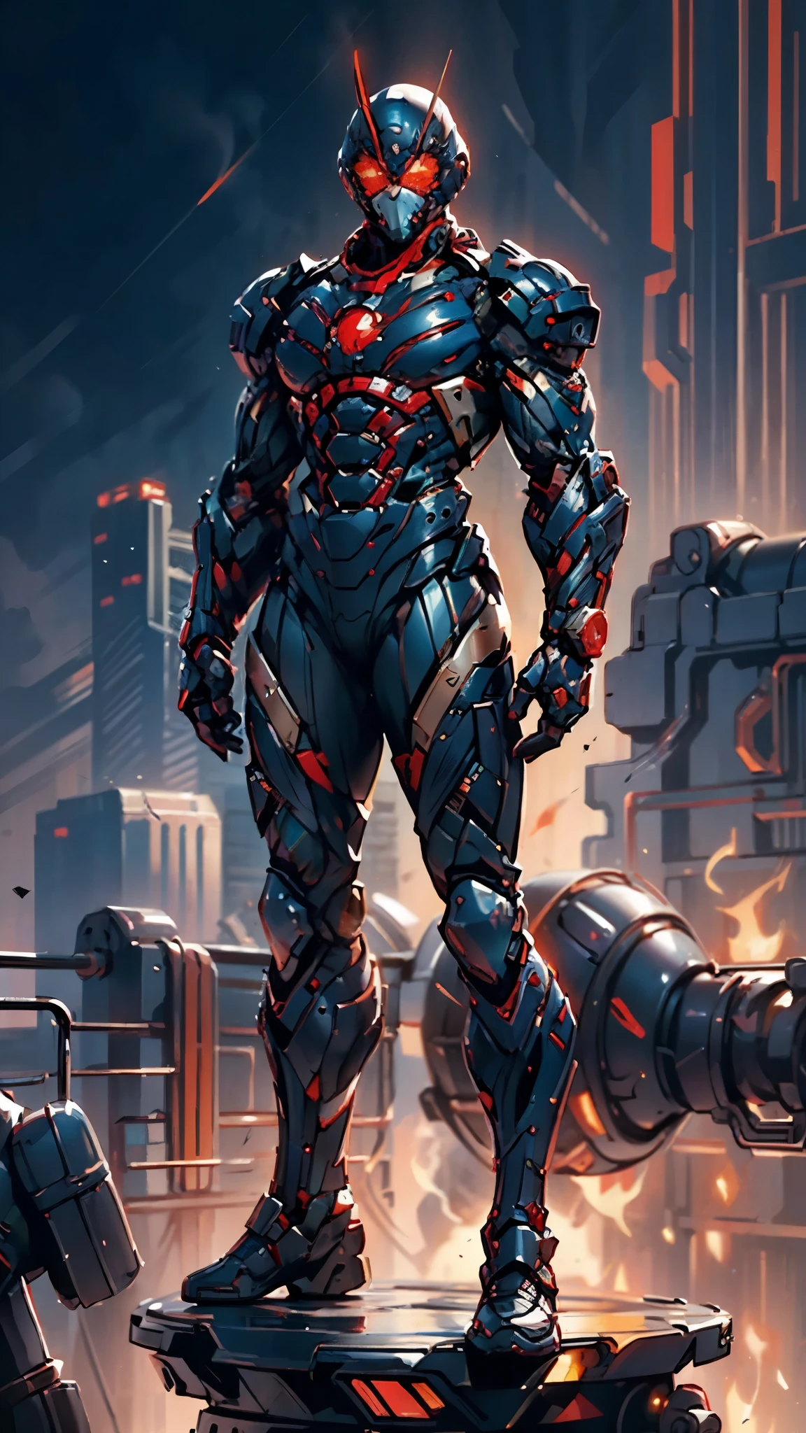 A superhero, a high-tech biotech battle suit, standing on a rooftop, looking over the city, Japanese tokusatsu and American comic style, biometallic texture of the suit, sleek and shiny, dynamic, metallic, sophisticated design, symmetrical face, extremely detailed eyes and face, high quality eyes, high definition, best quality, highres, ultra-detailed, ultra-fine painting, exquisite and mature, extremely delicate, professional, anatomically correct, creativity, UHD, HDR, 32k, Natural light, cinematic lighting, best shadow, masterpiece-anatomy-perfect, masterpiece