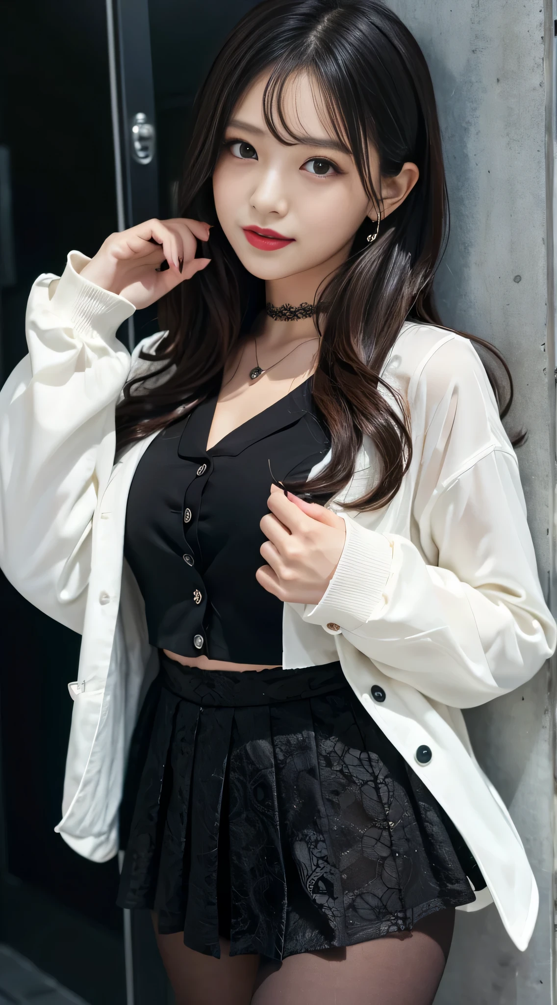 ltra-detailed、Japanese、attractive beauty、Dainty woman、piercing eyes、cool girl、wavy hair、suit、Jacket、blouse、Tight Skirt、black pantyhose、evil female executive、evil depravity、brainwash、lacy fabric、Glossy legs、lipstick、lip gloss、smirk、wickedな表情、evil、empty eyes、wicked、reaching out、in the darkroom、lure、pendant