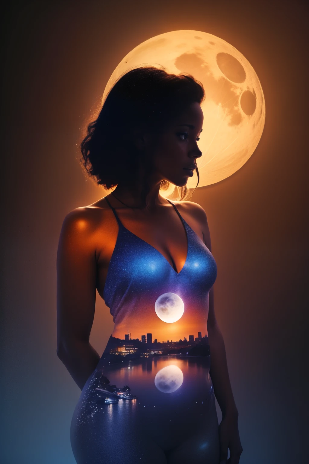 Solo African American girl with dark skin ((a solo heart-shaped moon on her chest)), darken silhouette, heavenly city and starry night by Vincent Van Gogh, 
Bokeh flower, gradient black and blue color background, uhd, surreal, fractal, high detailed masterpiece 