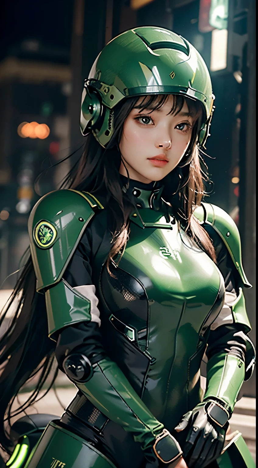 Highest image quality, Excellent details, ultra high resolution, (Reality: 1.4), best illustrations, Offer details, Highly concentrated 1girl, Has a delicate and beautiful face, Dressed in black and green mechs, wearing a mech helmet, holding direction, riding a motorcycle, Background futuristic city high tech lighting scene.