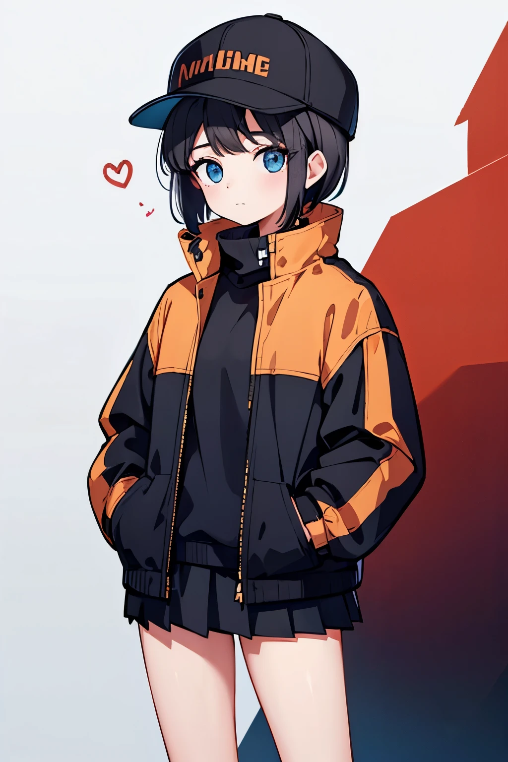 (((masterpiece, illustration, best quality))), 1girl, solo, blue eyes, ((detailed eyes)), looking at viewe, ((short hair)), ((black hair)), standing, ((baseball hat)), white headwear, upper body, black jacket, Closed sweater, ((Scenenary:white background)), black socks, ((black shirt)), perfect body, fit body, (closed mouth), li, (hands in pockets), waterproof jacket, skirt white