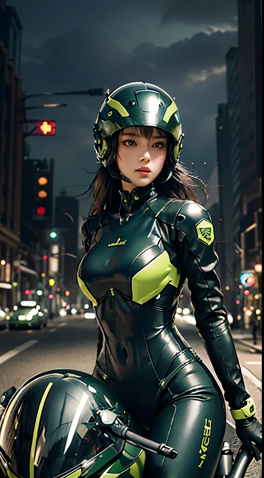 Highest image quality, Excellent details, ultra high resolution, (Reality: 1.4), best illustrations, Offer details, Highly concentrated 1girl, Has a delicate and beautiful face, Dressed in black and green mechs, wearing a mech helmet, holding direction, riding a motorcycle, Background futuristic city high tech lighting scene.