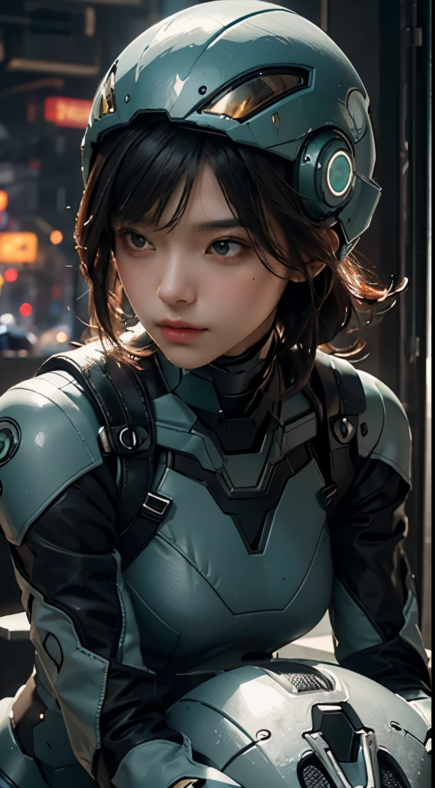 best quality, Excellent details, ultra high resolution, (Reality: 1.4), best illustrations, Offer details, Highly concentrated 1girl, Has a delicate and beautiful face, Dressed in black and green mechs, Iron Man, shelf, transformer, wearing a mech helmet, holding direction, riding a motorcycle, Background futuristic city high tech lighting scene.