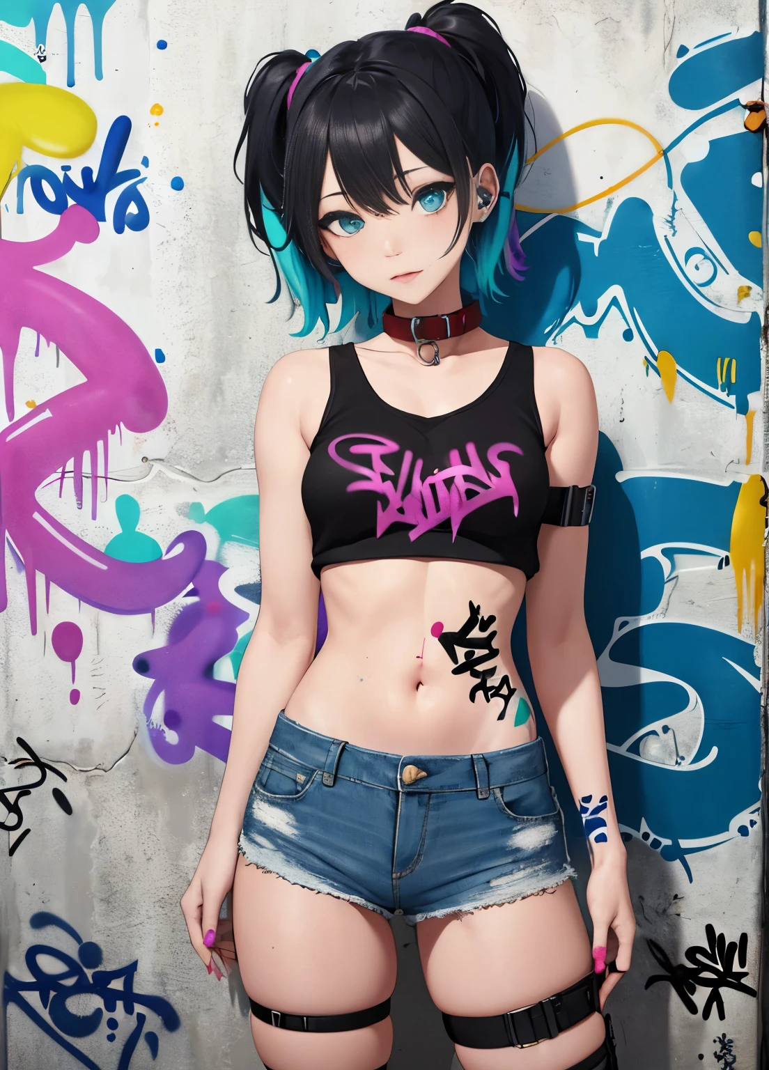 masterpiece, best quality, 1 girl, alone, crop top, Denim shorts, collar, (Graffiti:1.5), paint splatter, Put your arms behind your back, against the wall, looking at the audience, armband, thigh strap, Apply to body, head tilt, boring, colorful hair, aqua eyes, earphone,