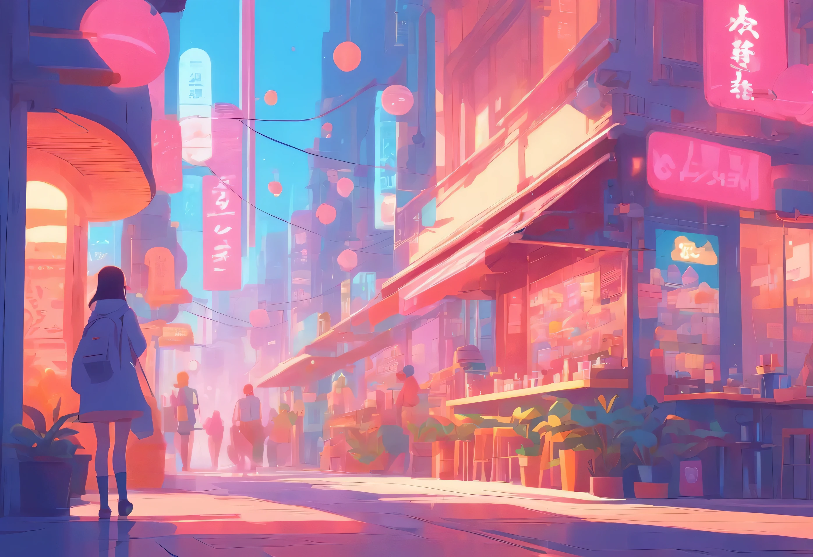 Illustration of a woman walking in front of a coffee shop with various objects, Edit the pastel colors of the illustration, in style of james gilleard, Illustration style, james gilleard artwork, Flat illustration, in style of digital illustration, magazine illustration, editorialillustrations, 数字插图 -, #illustration, magazine illustration, inspired by James Gilleard, Modern illustration, illustration | rootkowski, Stylized digital illustration