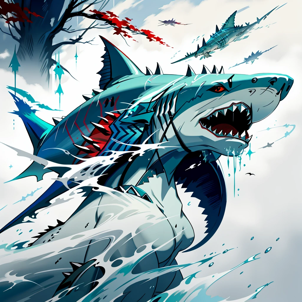 painting of a shark with a colorful splash of paint on it, sharp high quality artwork, sharp digital painting, shark, megalodon, great white shark, anthropomorphic shark, blue shark, by jake parker, art of alessandro pautasso, amazing wallpaper, by Gabor Szikszai, amazing depth, stunning art, high-quality wallpaper