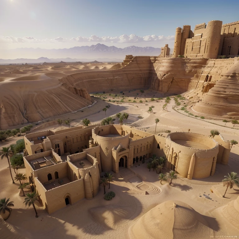 Desert,sand,sandstone fortress,sandstone houses,oasis,palm trees,dnd style,egyptian, (best quality,4k,8k,highres,masterpiece:1.2),ultra-detailed,(realistic,photorealistic,photo-realistic:1.37),HDR,UHD,studio lighting,extreme detail description,professional,vivid colors,portraits,sharp focus