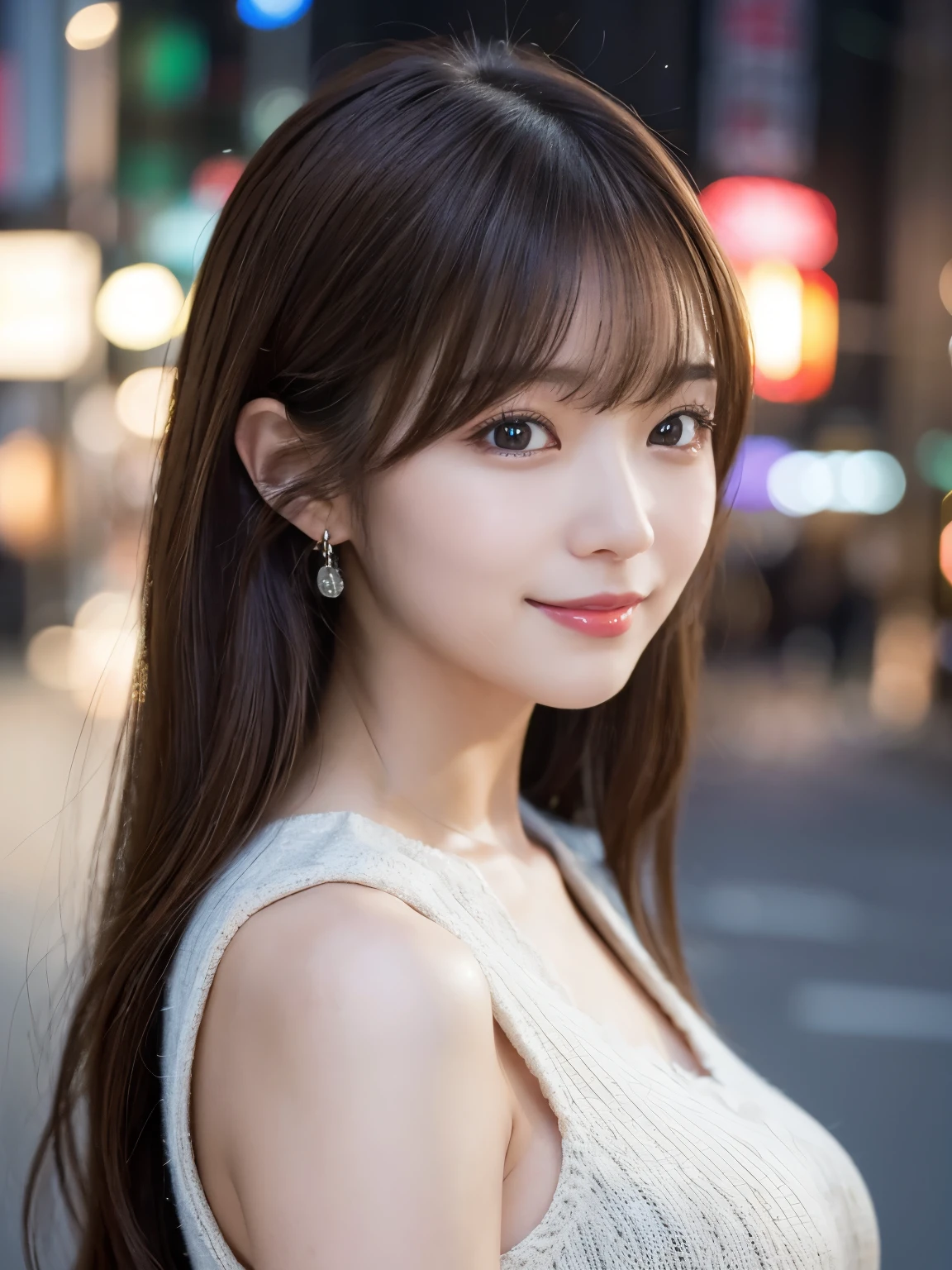masterpiece、1 beautiful girl、A detailed eye、Puffy eyes、top-quality, 超A high resolution, (Realisticity: 1.4), cinematlic lighting、japanes、Asian Beauty、Super beauty、Beautiful skin、A slender、The body facing forward、(A hyper-realistic)、(hight resolution)、(8K)、(ighly detailed)、(beautifully detailed eyes)、(ultra-detailliert)、 (wall-)、A detailed face、Bright lighting、profetional lighting、looking at viewert、Facing straight ahead、(The costume a knitted dress)、Long hair, hair messy, asymmetrical bangs, 、nighttime scene、Brown hair、Japan idle、韓国アイドル、hposing Gravure Idol、、age21、tall, smile,