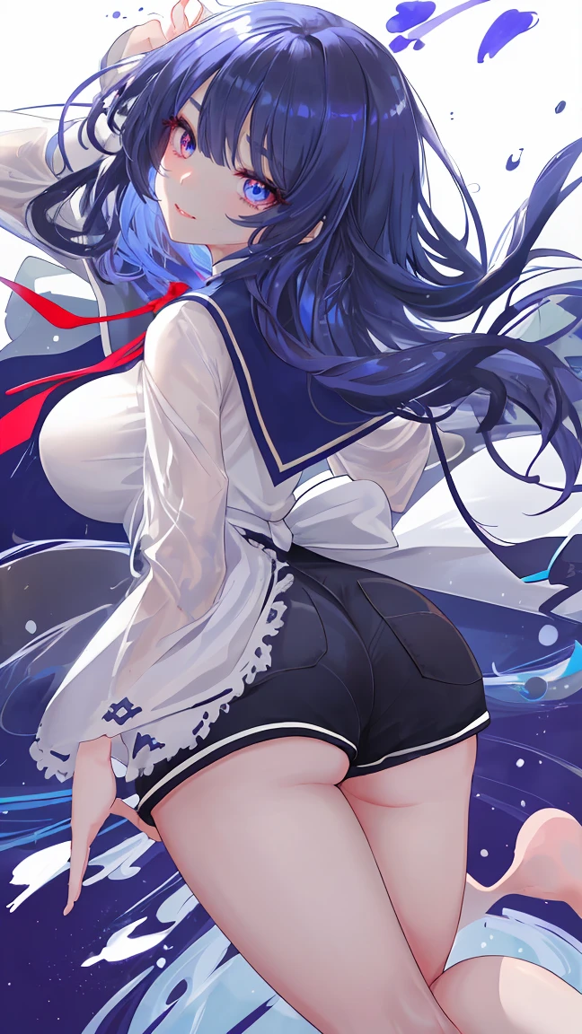 ((highest quality)), ((masterpiece)), ((super detailed)), (very delicate and beautiful), and, , cold attitude,(,彼女はandても(relax)and(calm down)Appearance,evil smile,,,#high resolution#highest quality#最高masterpiece((best quality)), ((muste piece)), beautiful eyes,Mesmerizing eyes,red odd eye),(round eyes),(beautiful lips,fascinating mouth,sharp nose),A three-dimensional face,dazzling smile,natural look,sharp outline),drawn eyes,豊かな表情and感情,Clearly normal fingertips,,Hair dancing in the soft breeze,beautiful proportions,,skillfully drawn eyelashes,long eyelashes),Many small eyelashes in the corner of the eye,transparent lips,唇に含まれる柔らかさand色合い,soft smile,Shining mouth,A faint sense of humanity,considerate smile,Excellent facial expression),美しい輪郭and骨構造,Expressive depiction of eyes),,Attention to detail,background(Glittering downtown),sense of season,Black hair,,big breasts,,Photo taken by a professional photographer,美しい光and影), , , big breasts,clearly defined fingertips,body shape(petite),big boobs,,plump ass,Show off your butt,,,,shiny skin, shiny skin, shiny hair, red eyes, blue hair, long hair,, bare shoulders, barefoot,barefoot , low length((petite)), ((andても長い髪の毛,hair that reaches the ground)), flowing hair, , shiny hair, shiny skin, 膝を着いてShow off your buttするポージング , ,,,,,,,,,,,,,,,,,,,,,,,,, shorts、knee high socks、white uniform that looks like a school uniform、light blue ribbon tie、clothes are transparent、,Fronresse Blue, A small blue light was floating、fantastic eyes、Self snap,self shot、bangs fall into the eye, give a sexy impression.