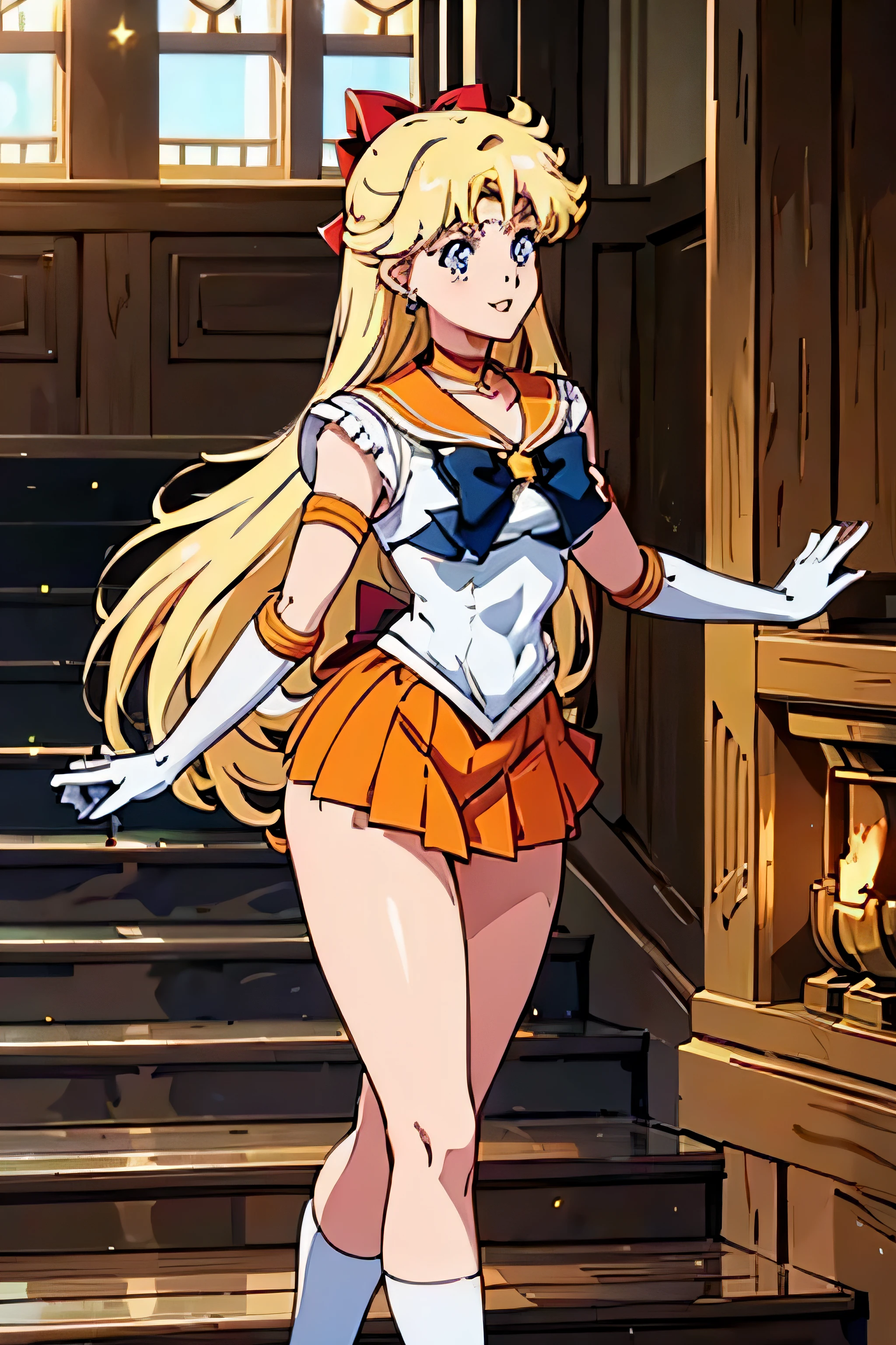 masterpiece, best quality, high resolution, venus1, 1 girl, solo, senshi sailor uniform, sailor venus, aino minako, blonde hair, magical girl, blue eyes, orange ultra mini skirt, elbow length gloves, tiara, pleated skirt , hair bow, orange sailor necklace, ultra mini skirt, choker, red bow, orange choker, white gloves, very long hair, jewelry, earrings, climbing the stairs up, close-up, smile, cowboy shot, sailor senshi uniform, sailor collar, pleated skirt, elbow gloves, in back pose, show her booty, backwards, no thong on big booty, full body, aausagi, close-up booty, climbing the stairs in backwards, slim girl, skinny girl , big booty.