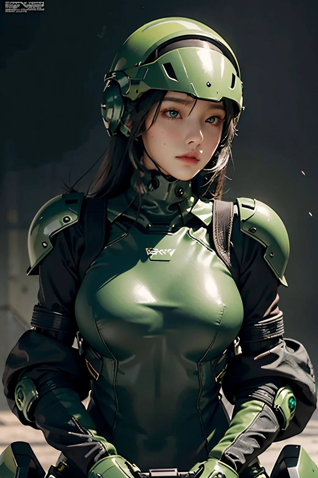 Highest image quality, Excellent details, ultra high resolution, (Reality: 1.4), best illustrations, Offer details, Highly concentrated 1girl, Has a delicate and beautiful face, Dressed in black and green mechs, wearing a mech helmet, holding direction, riding a motorcycle, Background futuristic city high tech lighting scene.