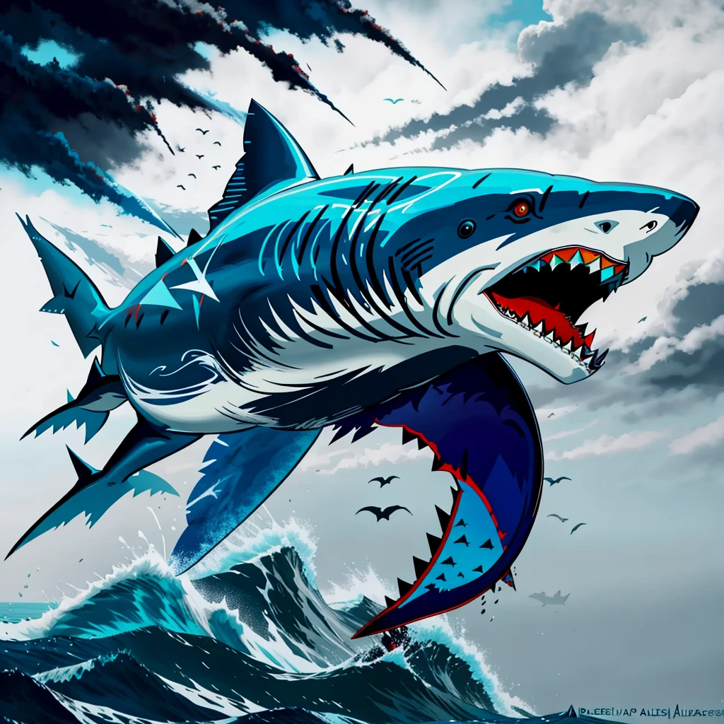 painting of a shark with a colorful splash of paint on it, sharp high quality artwork, sharp digital painting, shark, megalodon, great white shark, anthropomorphic shark, blue shark, by jake parker, art of alessandro pautasso, amazing wallpaper, by Gabor Szikszai, amazing depth, stunning art, high-quality wallpaper