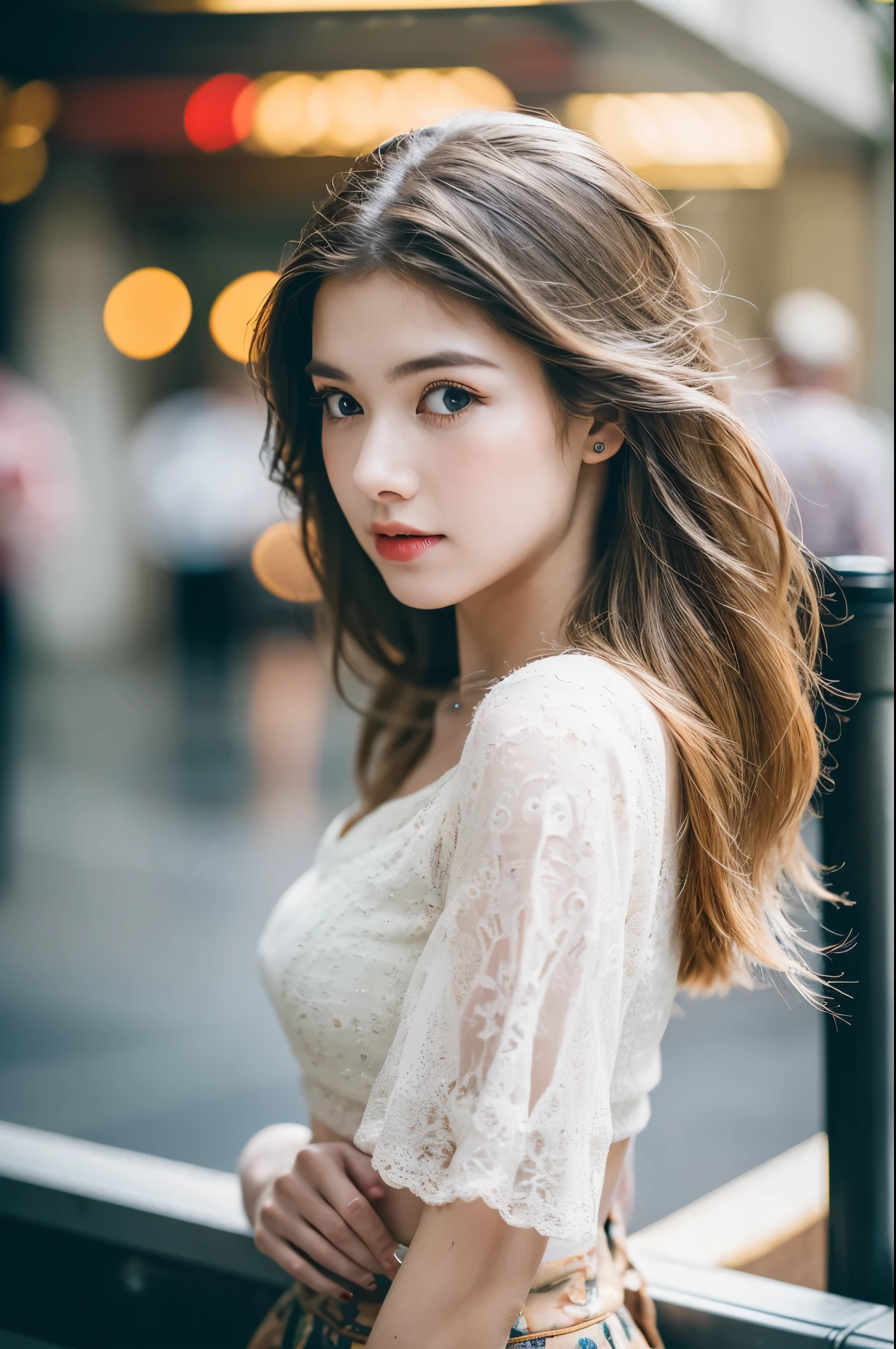 Cinematic Photo of a beautiful young girl fashion model bokeh train, ((long eyelashes)), ((full body photo))