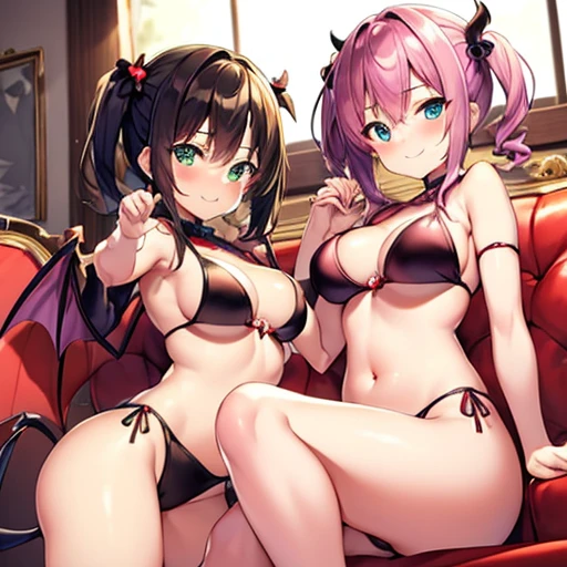 Succubus(twins)　pose of temptation　erotic body　　attractive face　　heart mark　cute smile　　eyes are hearts　　charm magic　angle from below　sit on the bed and pose　short hair　　sweets room background　pose holding hands　pose while sitting on the sofa