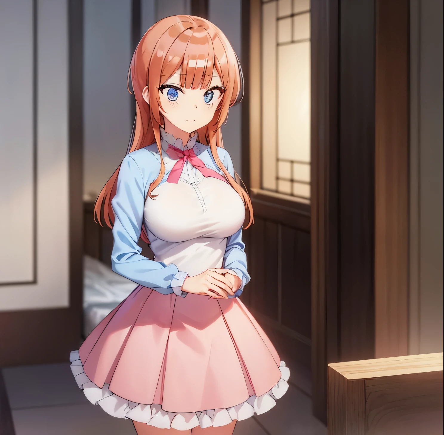 ((masterpiece)), ((Best quality)), (Ultra detailed), in bed, light blue blouse, long sleeve, neckline, pink skirt, long skirt, heels, ((pretty eyes)), big breasts, 1 girl in the library, alone, good lighting, Embarrassed, seductive, Rizu ogata, blue eyes, no glasses, long hair, orange hair, ((pretty eyes)), smile, big breasts, medium waist, wide hips, medium thighs, good anatomy, good hands