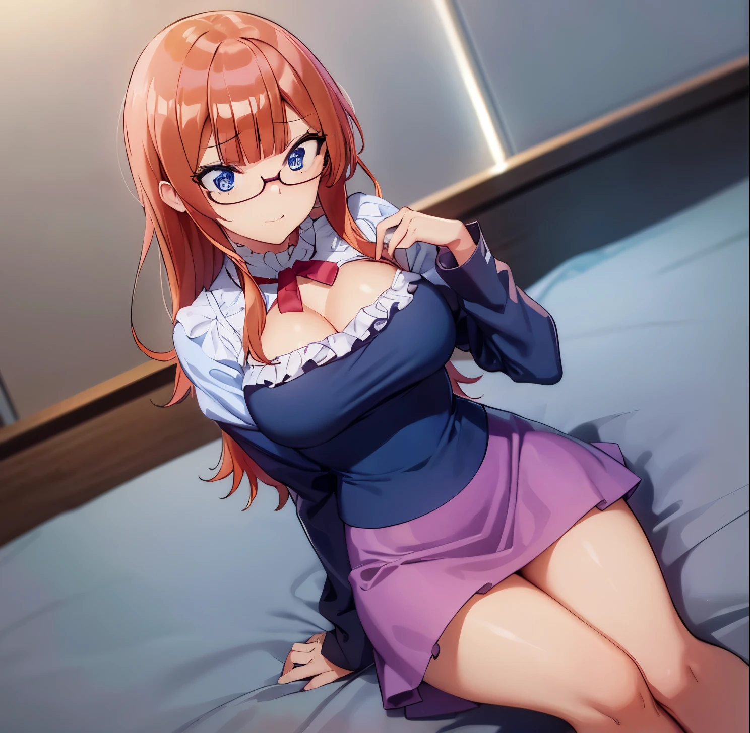 ((masterpiece)), ((Best quality)), (Ultra detailed), in bed, light blue blouse, long sleeve, neckline, pink skirt, long skirt, heels, ((pretty eyes)), big breasts, 1 girl in the library, alone, good lighting, Embarrassed, seductive, Rizu ogata, blue eyes, no glasses, long hair, orange hair, ((pretty eyes)), smile, big breasts, medium waist, wide hips, medium thighs, good anatomy, good hands