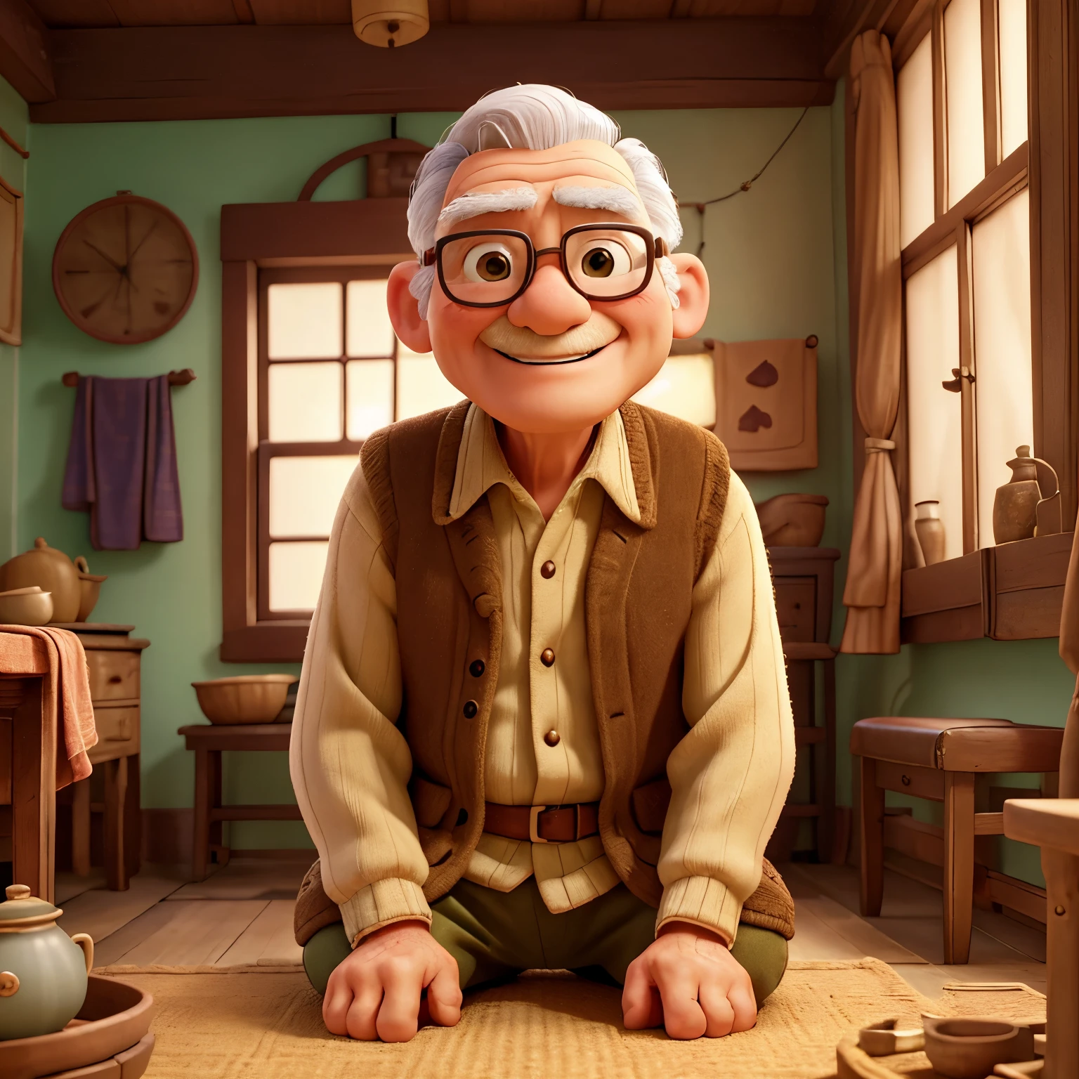 Uncle、In an old folk house、sit on a chair、cute、(Brightness -50) perfect quality、clear focus (Clutter-Home:0.8)、(masterpiece:1.2) (real:1.2) (Bokeh) (highest quality) (detailed skin:1.3) (intricate details) (8K) (eye for detail) (sharp focus), (Happiness)