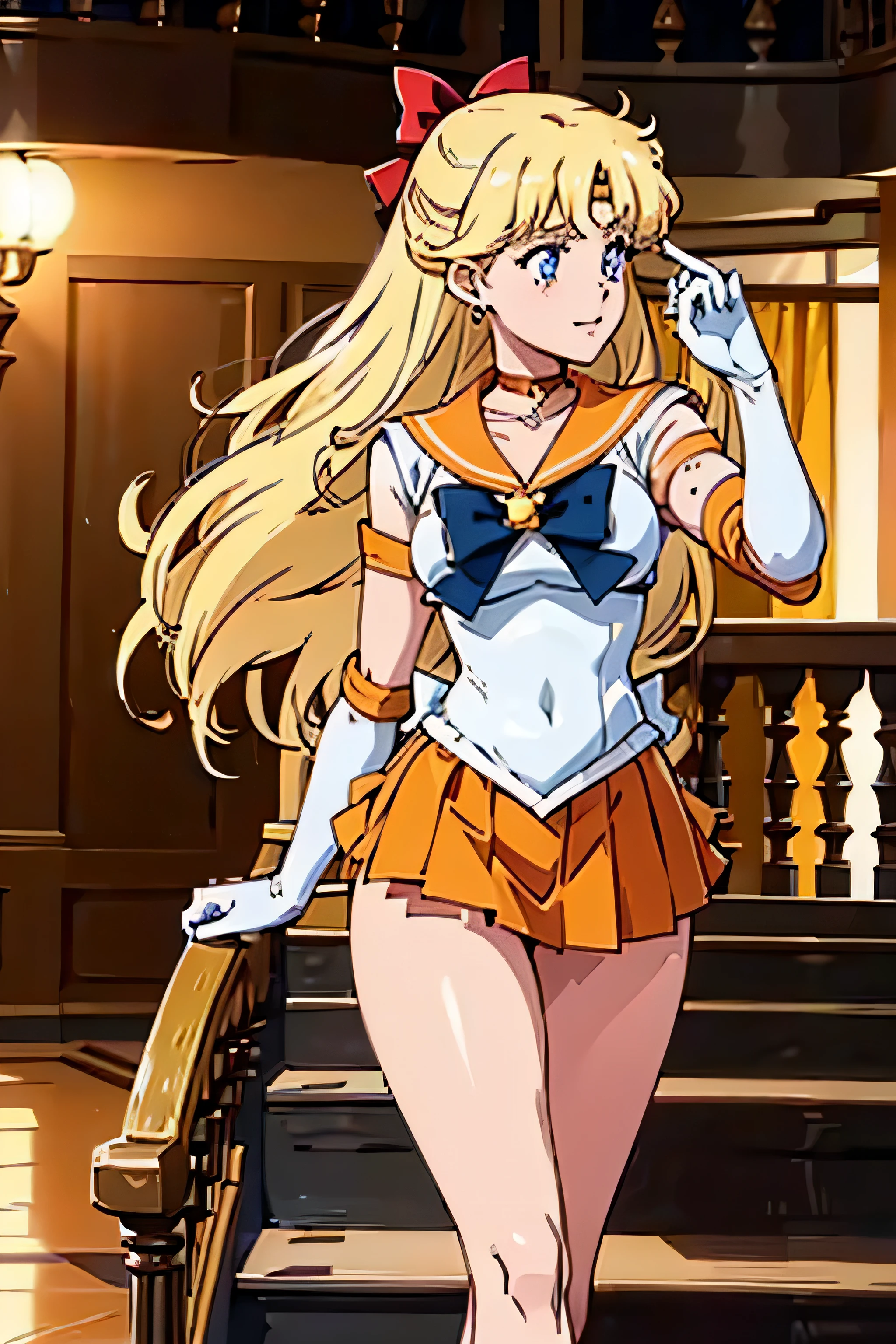 masterpiece, best quality, high resolution, venus1, 1 girl, solo, senshi sailor uniform, sailor venus, aino minako, blonde hair, magical girl, blue eyes, orange ultra mini skirt, elbow length gloves, tiara, pleated skirt , hair bow, orange sailor necklace, ultra mini skirt, choker, red bow, orange choker, white gloves, very long hair, jewelry, earrings, climbing the stairs up, close-up, smile, cowboy shot, sailor senshi uniform, sailor collar, pleated skirt, elbow gloves, in back pose, show her booty, backwards, no thong on big booty, full body, aausagi, close-up booty, climbing the stairs in backwards, slim girl, skinny girl , big booty.