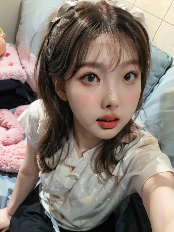 there a young woman sitting on a bed with a remote control, jinyoung shin, sol yunjoo, heonhwa choe, jaeyeon nam, bae suzy, chiho, Lalisa Manobal, joven y adorable rostro coreano, pale korean adorable face, ulzzang, con cara linda - fina, sakimichan, muchacha coreana