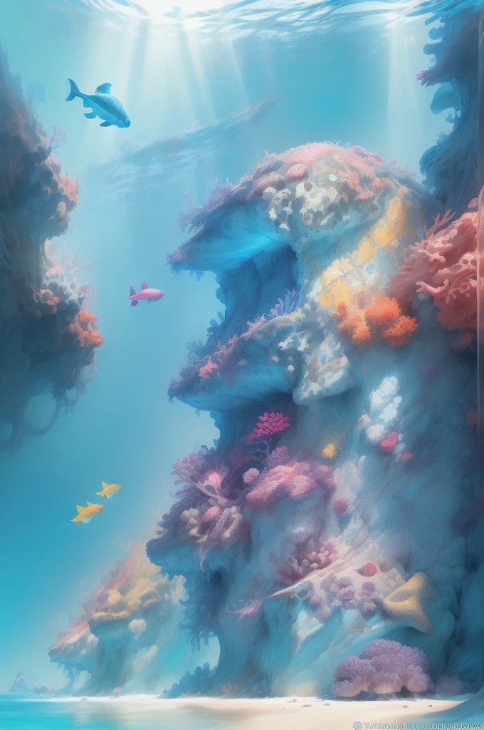 A magical underwater world with colorful coral reefs, vibrant tropical fish, and a majestic sea turtle swimming gracefully. The water is crystal clear, reflecting the sunlight and creating a shimmering effect. The coral reefs are abundant with diverse shapes and sizes, providing homes for various sea creatures. The tropical fish are beautifully colored, ranging from neon blue and yellow to vibrant orange and pink. The sea turtle is massive and graceful, with intricate patterns on its shell. The scene is illuminated by rays of sunlight filtering through the water, creating a mesmerizing play of light and shadows. The overall image quality is top-notch, with high-resolution details that allow for an immersive experience. The artwork is created using a combination of digital painting techniques and realistic rendering, resulting in a visually stunning and lifelike representation of the underwater world. The color palette is vibrant and saturated, enhancing the overall visual impact. The lighting is soft and natural, giving the scene a serene and peaceful atmosphere.