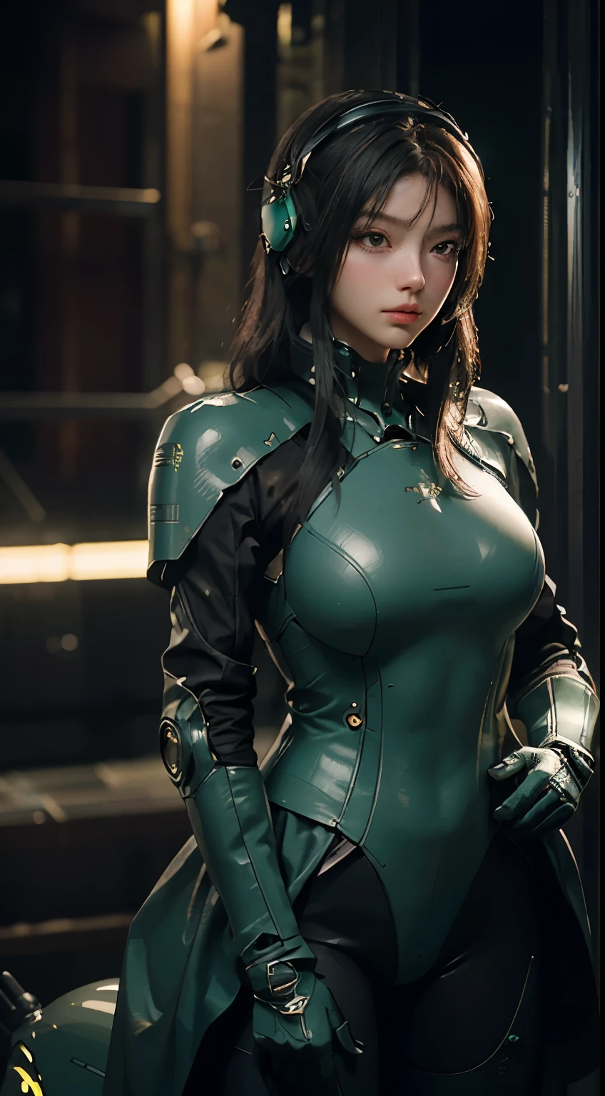 Beautiful human girl female human belly robotic arms and thighs robotic inner parts apparent female human belly super detailed parts black hair green eyes submissive standing look