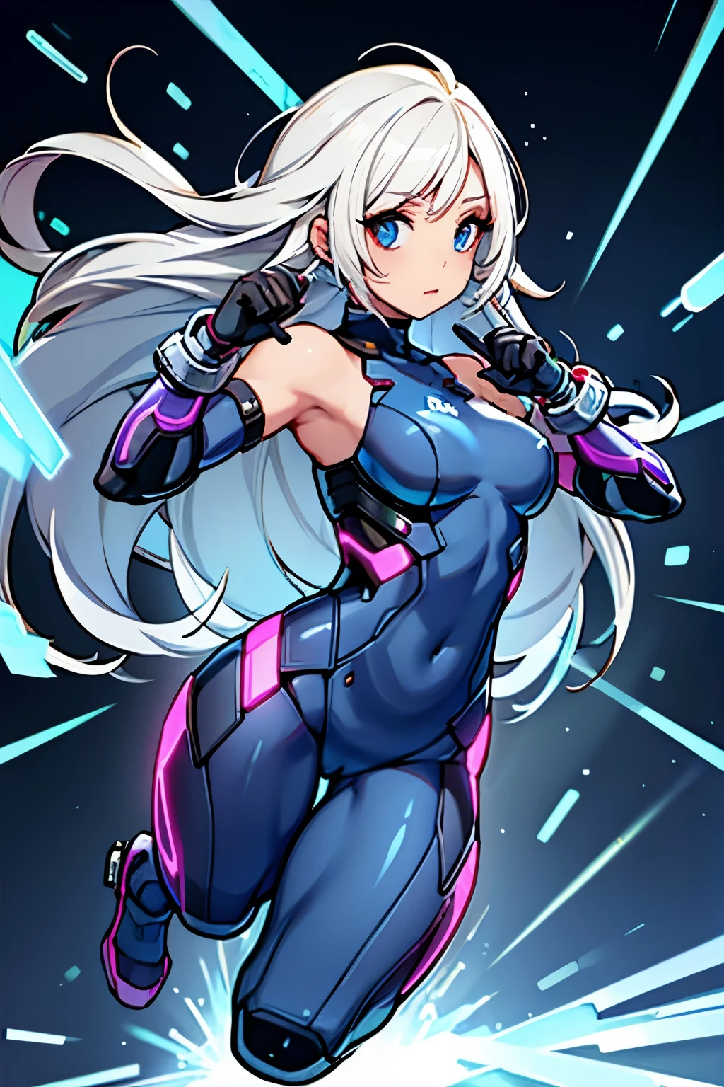 full body, girl, cyberpunk, robot gauntlets , white hair, ice element, musculature, confident expression