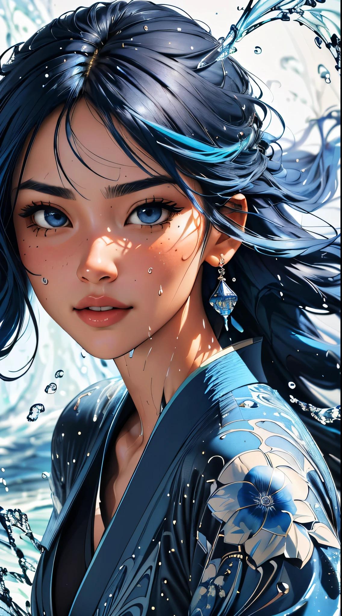 Azulejo Style in Blue and White High Definition, Nazaré style, Kintsugi, Abstrakter Neoralismus, Splash Art (Spritzkunst), Tinte v2, ..3d, hight resolution, Foto detailliert, angegeben, Element Wasser, Gesichts-Potrait