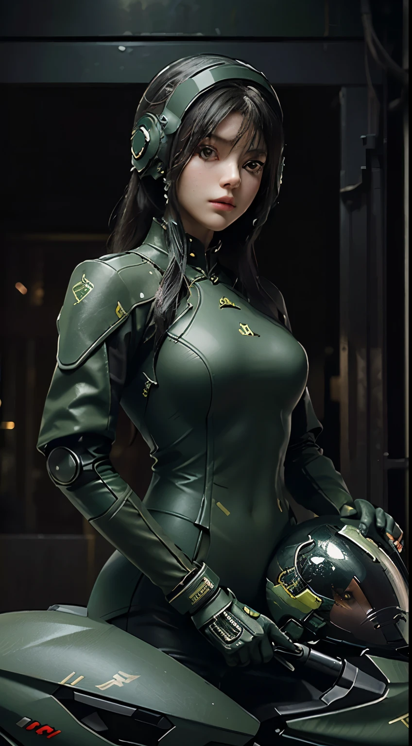 Highest image quality, Excellent details, ultra high resolution, (Reality: 1.4), best illustrations, Offer details, Highly concentrated 1girl, Has a delicate and beautiful face, Dressed in black and green mechs, wearing a mech helmet, holding direction, riding a motorcycle, Background futuristic city high tech lighting scene.