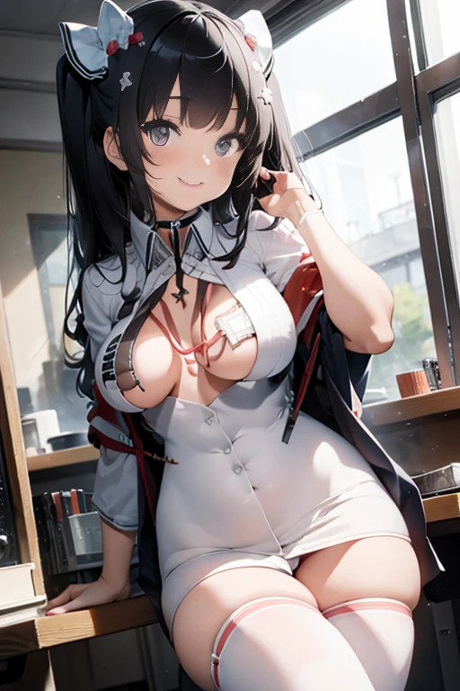 masterpiece、The best、1 female、Japanese school uniform, Bun bun、black hair、Shoulder leakage、big breasts、chubby、Smile、White suspenders、lace leggingackpack,On campus,pose