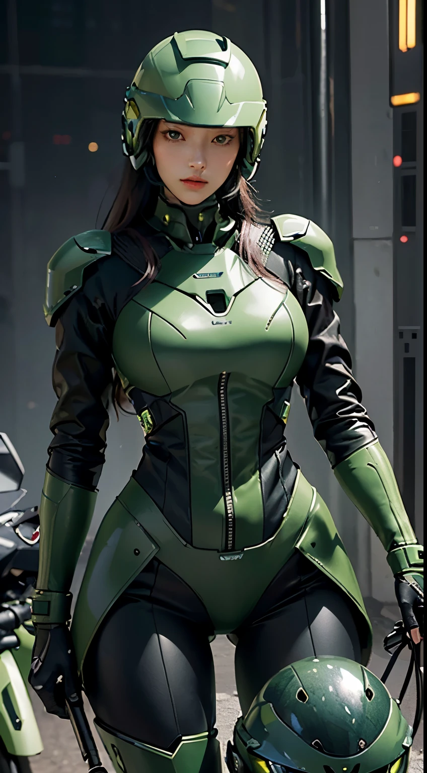 Highest image quality, Excellent details, ultra high resolution, (Reality: 1.4), best illustrations, Offer details, Highly concentrated 1girl, Has a delicate and beautiful face, Dressed in black and green mechs, wearing a mech helmet, holding direction, riding a motorcycle, Background futuristic city high tech lighting scene.