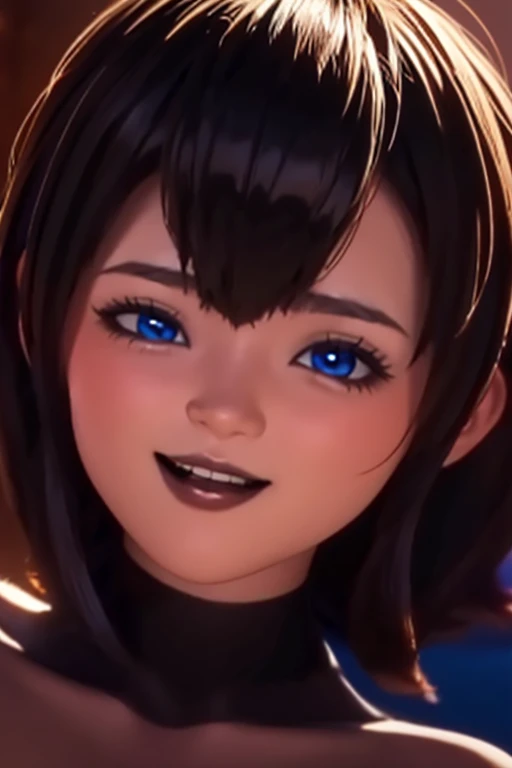 captura de pantalla de anime, ciudad, 1 chica, Solo, cabello corto, pelo negro, ojos azules, mirando al espectador, pelo entre los ojos, libidinoso, tetas grandes y pesados, labios gruesos y voluminosos sonrisa, pata de camello, Caderas anchas, desnudez, Allanamiento, piernas aparte, erotica,