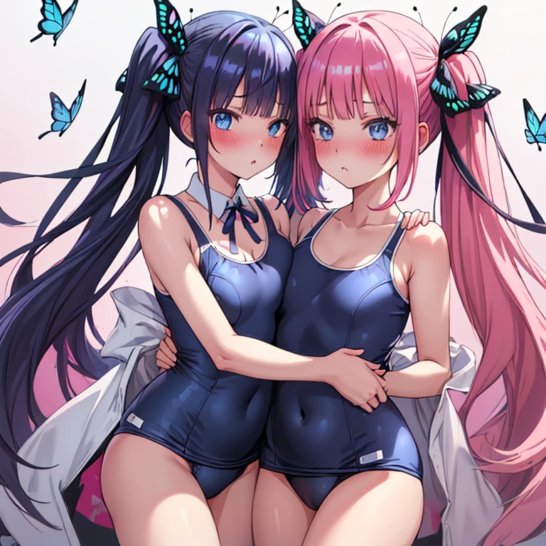 best quality, very aesthetic, Super detailed, best illustration, Dark blue one piece school swimsuit,bangs, pink_hair, blunt_bangs, hair_ornament, butterfly_hair_ornament, ribbon, black_ribbon, blue_eyes, blush, hair_ribbon, twintails, long_hair