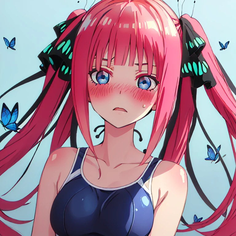 best quality, very aesthetic, Super detailed, best illustration, Dark blue one piece school swimsuit,bangs, pink_hair, blunt_bangs, hair_ornament, butterfly_hair_ornament, ribbon, black_ribbon, blue_eyes, blush, hair_ribbon, twintails, long_hair