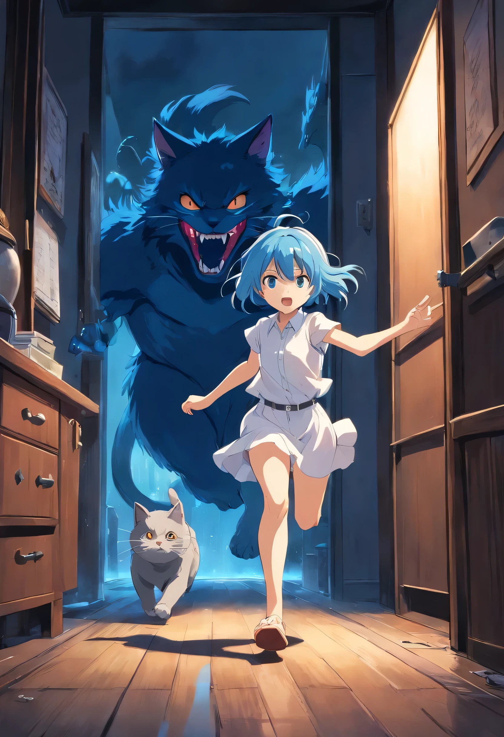 (Anime kid running from the scary monster behind her in the darkness), blue hair, bob cuts, blue cat ears, gray silver white eyes, barefoot, white shirt, plain Gown, in a Haunted house horror, loli, kid, child, petite body, horror cinematic, scared, (dark room:1.2)